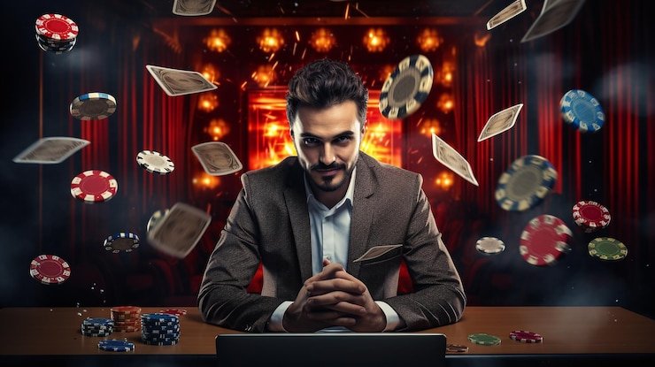 Ilustrasi pengguna memegang ponsel cerdas dengan layar menampilkan tampilan rtslots yang modern